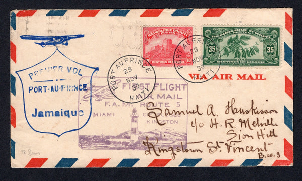 HAITI - 1930 - FIRST FLIGHT: Cover franked with 1924 10c carmine and 1928 35c green (SG 300 & 304) tied by PORT-AU-PRINCE cds's dated 29 NOV 1930. Flown on the FAM-5 Port-au-Prince - Jamaica first flight by PAA with various flight cachets on front & reverse. Addressed to JAMAICA with KINGSTON arrival cds on reverse. A rare flight. (Muller #56, only 98 covers carried)  (HAI/35862)