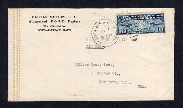 HAITI - 1931 - US MARINES: Cover franked with USA 1926 10c indigo AIR issue (SG A628) tied by good strike of U.S.M.C. PORT-AU-PRINCE HAITI duplex cds dated OCT 7 1931. Sent airmail to USA.  (HAI/35868)