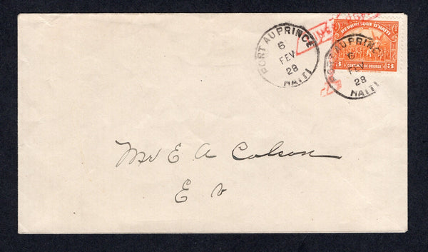 HAITI - 1928 - FIRST FLIGHT: Cover franked with 1920 3c orange (SG 294) tied by PORT-AU-PRINCE cds's dated 6 FEV 1928 and also by red 'LINDBERGH' aeroplane cachet. Flown on the 'Spirit of St Louis' commemorative flight by Lindberg in Port-au-Prince. Addressed locally within PORT AU PRINCE. Very scarce. (Muller #16, rated 1750pts)  (HAI/37406)