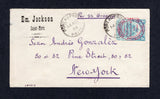 HAITI - 1906 - GOLD CURRENCY ISSUE: Cover with printed 'Em Jackson Saint-Marc Haiti' return address at top and manuscript 'Per SS Graecia' ship endorsement alongside franked with single 1906 5c sky blue with 'Gold Currency' overprint (SG 124) tied by fine PORT-AU-PRINCE cds dated 14 JUN 1906 with second strike alongside. Addressed to USA.  (HAI/41803)