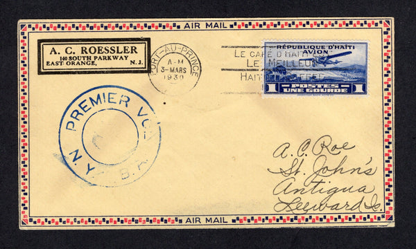 HAITI - 1930 - FIRST FLIGHT: Cover franked with 1920 25c blue (SG 298) tied by PORT-AU-PRINCE cds dated 3 MAR 1930. Flown on the Port-Au-Prince - St. John's, Antigua first flight by N.Y.R.B.A. with circular 'PREMIER VOL N.Y.B.R.A.' first flight cachet in blue on front. Addressed to ANTIGUA with arrival cds on reverse. (Muller #49)  (HAI/41804)
