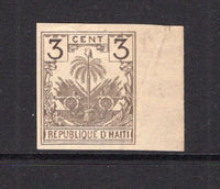 HAITI - 1893 - PROOF: 3c drab 'Drooping Palms' issue, a corner marginal IMPERF PROOF on thin toned paper produced by Charles Skipper & East. Light crease. (As SG 37)  (HAI/41829)