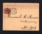 HAITI - 1917 - PROVISIONAL ISSUE: Cover with printed 'C. Bien-Aime & Co. Port-de-Paix, Haiti' company return address at top franked with single 1914 10c red brown 'GL O.Z. 7 FEV 1914' overprint issue (SG 202) tied on arrival by NEW YORK PAQUEBOT duplex cancel dated FEB 24 1917. Addressed to NEW YORK.  (HAI/42063)