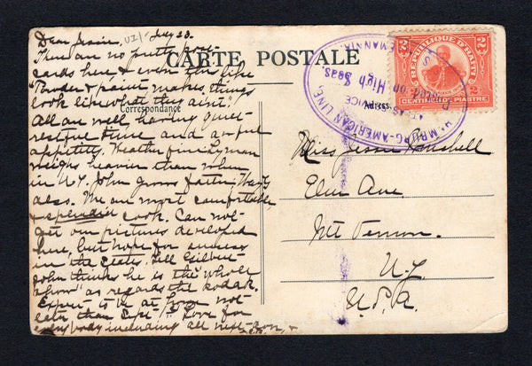 HAITI - 1912 - MARITIME: Circa 1912 black & white PPC 'Port-au-Prince - Haiti - Un grand Chef' franked on message side with single 1906 2c orange (SG 133) tied by fine strike of large undated oval 'HAMBURG-AMERICAN LINE, ATLAS SERVICE Posted on High Seas S.S. ALLEMANNIA' ship cancel in purple. Addressed to USA. Very attractive.  (HAI/43059)