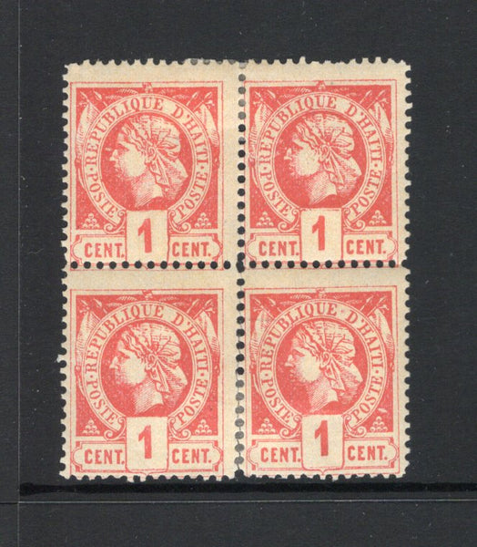 HAITI - 1882 - CLASSIC ISSUES & MULTIPLE: 1c deep vermilion on deep buff PERFORATED 'Liberty Head' issue a fine mint block of four. (SG 7)  (HAI/43328)