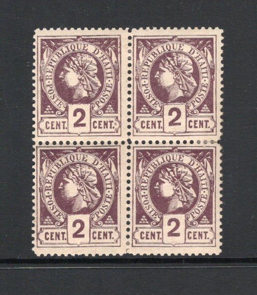 HAITI - 1882 - CLASSIC ISSUES & MULTIPLE: 2c deep purple on mauve PERFORATED 'Liberty Head' issue a fine mint block of four. (SG 9)  (HAI/43329)