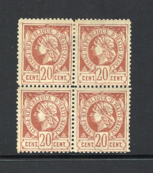 HAITI - 1882 - CLASSIC ISSUES & MULTIPLE: 20c pale brown on buff PERFORATED 'Liberty Head' issue a fine mint block of four. (SG 20)  (HAI/43330)