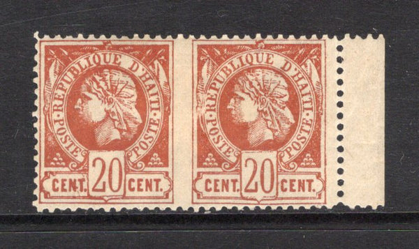 HAITI - 1882 - CLASSIC ISSUES & VARIETY: 20c red brown on buff PERFORATED 'Liberty Head' issue a fine mint side marginal IMPERF BETWEEN HORIZONTAL PAIR. Exceptional quality and very scarce. Ex Helmut Wolff 1980 Harmers sale, Lot 2297. (SG 19a)  (HAI/43333)