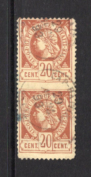 HAITI - 1882 - CLASSIC ISSUES & VARIETY: 20c pale brown on buff PERFORATED 'Liberty Head' issue a fine IMPERF BETWEEN VERTICAL PAIR used with CAP-HAITIEN cds's dated 29 AVRIL 1893. Very fine & scarce. (SG 20a)  (HAI/43334)