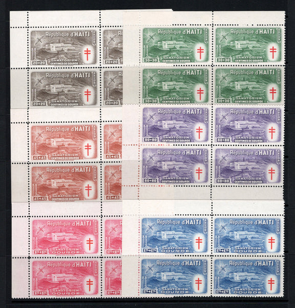 HAITI - 1949 - COMMEMORATIVES: 'Anti-tuberculosis and Malaria Relief Fund' issue the set of six in fine unmounted mint corner marginal blocks of four. (SG 427/432)  (HAI43605)