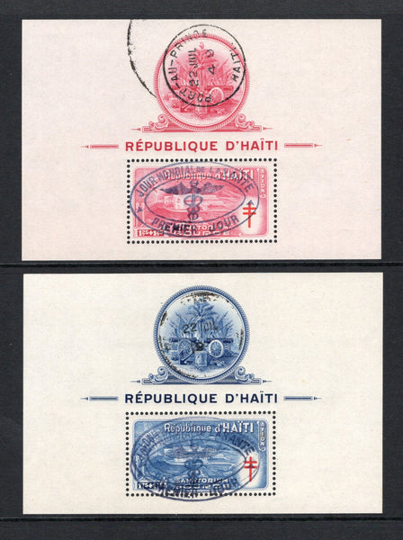 HAITI - 1949 - COMMEMORATIVES: 'Anti-tuberculosis and Malaria Relief Fund' issue, the pair of miniature sheets fine used with oval 'JOUR MONDIAL DE LAS ANTE PREMIER JOUR' cachet in blue black and PORT-AU-PRINCE cds dated 22 JUIL 1949. Uncommon in used condition. (SG MS433)  (HAI43608)