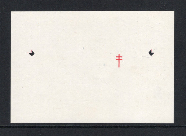 HAITI - 1949 - PROOF: Die Proof of the red 'TB' emblem only as featured on the ''Anti-tuberculosis and Malaria Relief Fund' issue. Struck on a large piece of ungummed laid paper with two hole puncges. Rare. Ex ABNCo. Archive.  (HAI43610)