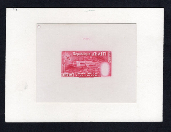 HAITI - 1949 - PROOF: 1g 25c + 1g 25c rose carmine 'Anti-tuberculosis and Malaria Relief Fund' issue, a superb large format DIE PROOF of the main frame design only with the red 'TB' emblem omitted. Struck on large piece of thick card mounted on a large piece of archive card with '91159' Die number at top. Fine & scarce. Ex ABNCo. Archive. (SG 431)  (HAI43611)
