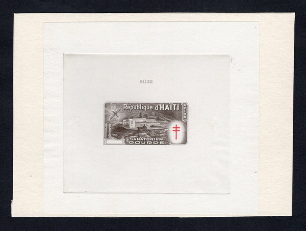 HAITI - 1949 - PROOF: 'Anti-tuberculosis and Malaria Relief Fund' issue, a superb undenominated large format DIE PROOF of the main frame design in sepia and 'TB' emblem in red with value tablet left blank. Struck on thin paper mounted on a large piece of archive card with '91132' Die number at top. Fine & scarce. Ex ABNCo. Archive. (As SG 427)  (HAI43612)