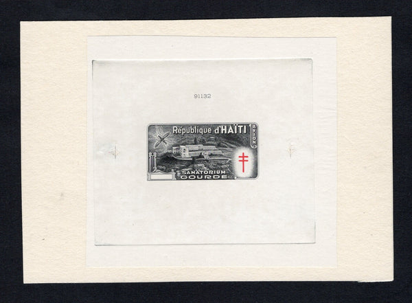 HAITI - 1949 - PROOF: 'Anti-tuberculosis and Malaria Relief Fund' issue, a superb undenominated large format DIE PROOF of the main frame design in black and 'TB' emblem in red with value tablet left blank. Struck on thin paper mounted on a large piece of archive card with '91132' Die number at top. Fine & scarce. Ex ABNCo. Archive. (As SG 427)  (HAI43613)