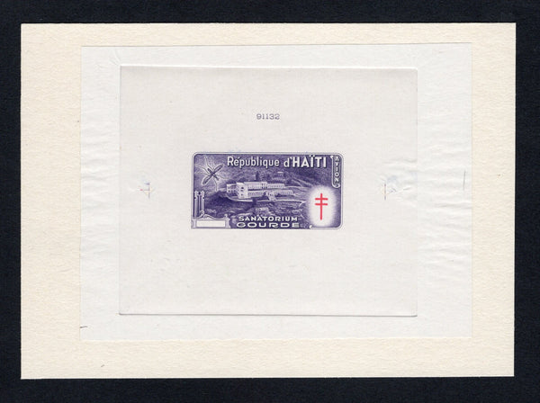 HAITI - 1949 - PROOF: 'Anti-tuberculosis and Malaria Relief Fund' issue, a superb undenominated large format DIE PROOF of the main frame design in violet and 'TB' emblem in red with value tablet left blank. Struck on thin paper mounted on a large piece of archive card with '91132' Die number at top. Fine & scarce. Ex ABNCo. Archive. (As SG 427)  (HAI43614)