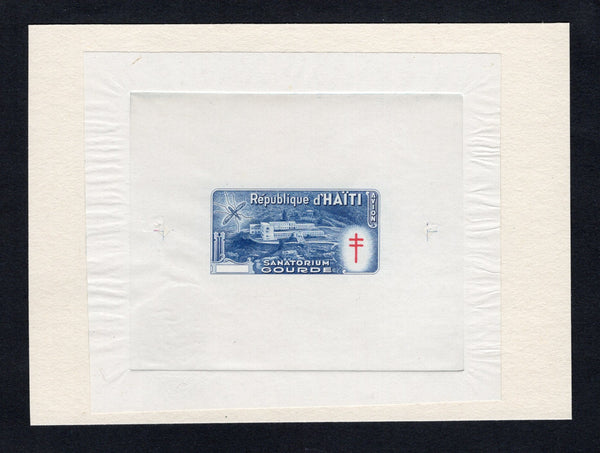 HAITI - 1949 - PROOF: 'Anti-tuberculosis and Malaria Relief Fund' issue, a superb undenominated large format DIE PROOF of the main frame design in blue and 'TB' emblem in red with value tablet left blank. Struck on thin paper mounted on a large piece of archive card with '91132' Die number at top. Fine & scarce. Ex ABNCo. Archive. (As SG 427)  (HAI43615)