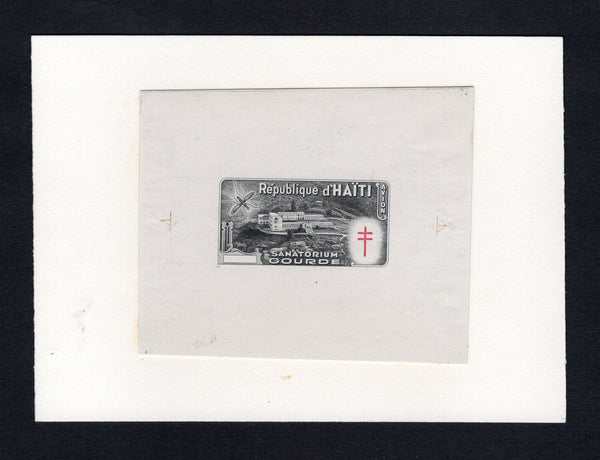 HAITI - 1949 - PROOF: 'Anti-tuberculosis and Malaria Relief Fund' issue, a superb undenominated large format DIE PROOF of the main frame design in black and 'TB' emblem in red with value tablet left blank. Struck on paper mounted on thick card further mounted on a large piece of archive card without any Die number. Fine & scarce. Ex ABNCo. Archive. (As SG 427)  (HAI43616)