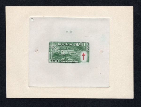HAITI - 1949 - PROOF: 30c + 30c green 'Anti-tuberculosis and Malaria Relief Fund' issue, a superb large format DIE PROOF of the completed design in issued colours. Struck on thin paper mounted on a large piece of archive card with '91156' Die number at top. Fine & scarce. Ex ABNCo. Archive. (As SG 428)  (HAI43618)
