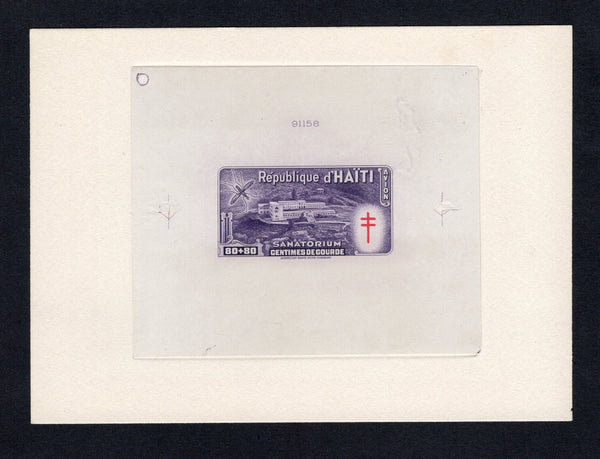 HAITI - 1949 - PROOF: 80c + 80c violet 'Anti-tuberculosis and Malaria Relief Fund' issue, a superb large format DIE PROOF of the completed design in issued colours. Struck on thin paper mounted on a large piece of archive card with '91158' Die number at top. Fine & scarce. Ex ABNCo. Archive. (As SG 430)  (HAI43620)