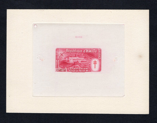 HAITI - 1949 - PROOF: 1g 25c + 1g 25c rose carmine 'Anti-tuberculosis and Malaria Relief Fund' issue, a superb large format DIE PROOF of the completed design in issued colours. Struck on thin paper mounted on a large piece of archive card with '91159' Die number at top. Fine & scarce. Ex ABNCo. Archive. (As SG 431)  (HAI43621)