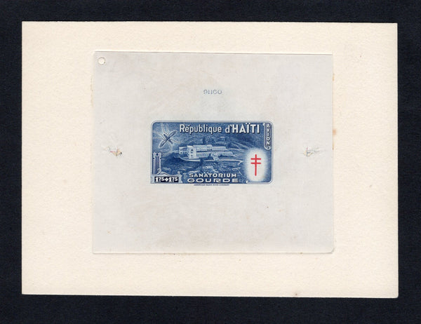 HAITI - 1949 - PROOF: 1g 75c + 1g 75c blue 'Anti-tuberculosis and Malaria Relief Fund' issue, a superb large format DIE PROOF of the completed design in issued colours. Struck on thin paper mounted on a large piece of archive card with '91160' Die number at top. Fine & scarce. Ex ABNCo. Archive. (As SG 432)  (HAI43622)