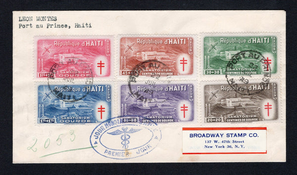 HAITI - 1949 - COMMEMORATIVES: Registered First Day cover franked with the set of six 'Anti-tuberculosis and Malaria Relief Fund' issue (SG 427/432) tied by PORT-AU-PRINCE cds's dated 22 JUIL 1949 with oval 'JOUR MONDIAL DE LAS ANTE PREMIER JOUR' cachet in blue black and manuscript registration marking alongside. Addressed to USA with transit and arrival cds's on reverse. Very fine.  (HAI43623)