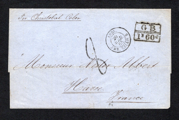 HAITI - 1865 - TRANSATLANTIC MAIL: Cover datelined '1865 Port au Prince 24 Marz' on inside flap and with 'Per Christobal Colon' manuscript ship endorsement on front. Addressed to FRANCE with fine strike of boxed 'LIVERPOOL SHIP AP 19 1865 C' marking on reverse and rated '8' decimes on front with boxed 'G.B. 1F 60c' accountancy mark alongside. French arrival cds's on front & reverse.  (HAI43875)