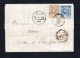 HAITI - 1885 - CLASSIC ISSUES: Folded letter franked with four margin 1881 7c deep blue on bluish imperf 'Liberty Head' and 1882 3c grey bistre on buff perforated 'Liberty Head' issue (SG 5 & 12) tied by JACMEL cds dated 15 AVRIL 1885 with second strike alongside. Addressed to FRANCE with arrival cds on front. Small part of address has been excised and neatly repaired. Scarce.  (HAI43876)