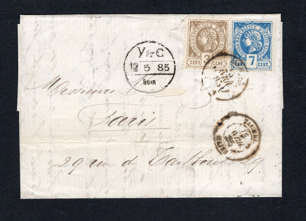 HAITI - 1885 - CLASSIC ISSUES: Folded letter franked with four margin 1881 7c deep blue on bluish imperf 'Liberty Head' and 1882 3c grey bistre on buff perforated 'Liberty Head' issue (SG 5 & 12) tied by JACMEL cds dated 15 AVRIL 1885 with second strike alongside. Addressed to FRANCE with arrival cds on front. Small part of address has been excised and neatly repaired. Scarce.  (HAI43876)
