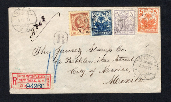 HAITI - 1894 - REGISTRATION & DESTINATION: Registered cover franked with 1882 20c pale brown on buff perforated 'Liberty Head' issue, 1891 3c grey 'Upright Palms' issue and 1893 2c indigo and 5c orange vermilion 'Drooping Palms' issue (SG 20, 31a, 36 & 38) tied by light strikes of PORT-AU-PRINCE cds dated 12 JUN 1894 with small boxed 'R' registration handstamp alongside. Addressed to MEXICO and re-registered in the USA with 'NEW YORK EXCHANGE' registration label added on front. USA transit and Mexican arri
