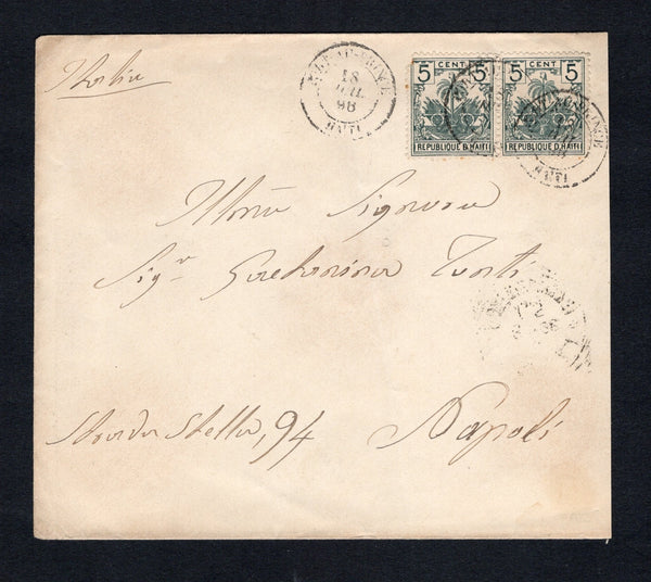HAITI - 1896 - PALMS ISSUE: Cover franked with pair 1896 5c grey green 'Drooping Palms' issue (SG 44) tied by PORT-AU-PRINCE cds's dated 18 JUIL 1896. Addressed to ITALY with arrival cds on reverse.  (HAI43881)