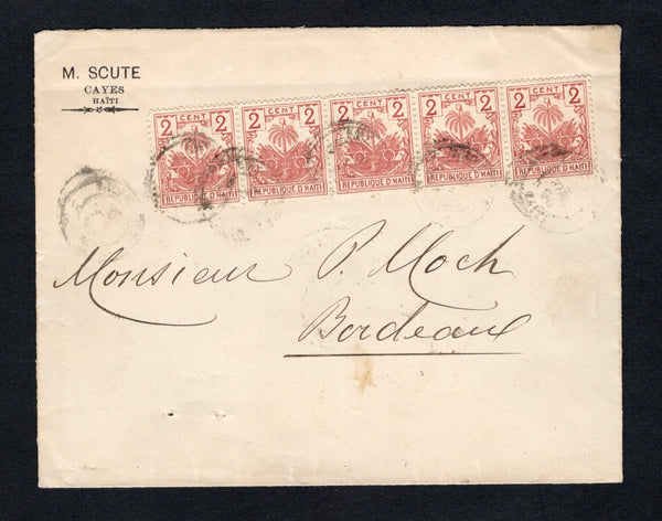 HAITI - 1896 - PALMS ISSUE: Cover with printed 'M. Scute Cayes Haiti' return address at top left franked with strip of five 1896 2c indian red 'Drooping Palms' issue (SG 42) tied by multiple strikes of somewhat unclear LES CAYES cds. Addressed to FRANCE with arrival cds on reverse. A nice multiple franking.  (HAI43884)