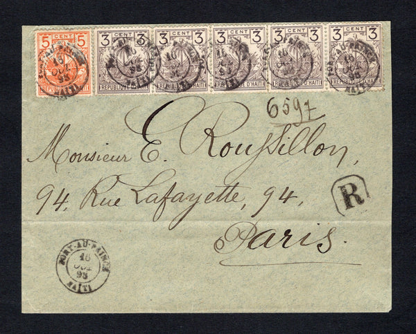 HAITI - 1893 - PALMS ISSUE & REGISTRATION: Cover franked with strip of five 1893 3c drab lilac and 5c orange vermilion 'Drooping Palms' issue (SG 37/38) tied by multiple strikes of PORT-AU-PRINCE cds dated 16 JUL 1893 with small boxed 'R' registration marking alongside. Addressed to FRANCE with arrival cds on reverse. A very attractive & scarce franking.  (HAI43885)