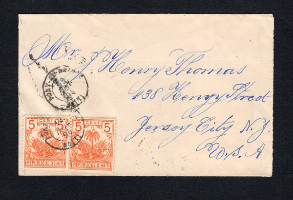 HAITI - 1894 - PALMS ISSUE: Cover franked with 2 x 1893 5c orange vermilion 'Drooping Palms' issue (SG 38) tied by PORT-AU-PRINCE cds dated 12 NOV 1894 with second strike alongside. Addressed to USA with transit & arrival marks on reverse.  (HAI43886)