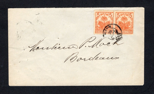 HAITI - 1896 - PALMS ISSUE & CANCELLATION: Cover franked with 2 x 1893 5c orange vermilion 'Drooping Palms' issue (SG 38) tied by JEREMIE cds dated 25 JANV 1896. Addressed to FRANCE with transit & arrival marks on reverse.  (HAI43887)