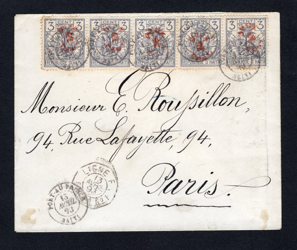 HAITI - 1893 - PROVISIONAL ISSUE: Cover franked with strip of five 1892 2c on 3c grey 'Provisional' SURCHARGE issue (SG 34a) tied by multiple strikes of PORT-AU-PRINCE cds dated 13 AVRIL 1893. Addressed to FRANCE with good strike of octagonal LIGNE F PAQ FR. No.1 French maritime cds on front and PARIS ETRANGER arrival cds in blue on reverse. Some very light tones around the perforations of the stamps but otherwise a superb franking.  (HAI43888)