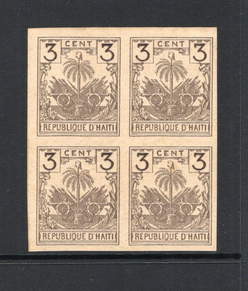 HAITI - 1893 - VARIETY: 3c drab lilac 'Drooping Palms' issue, a fine mint IMPERF block of four. (SG 37a)  (HAI44080)
