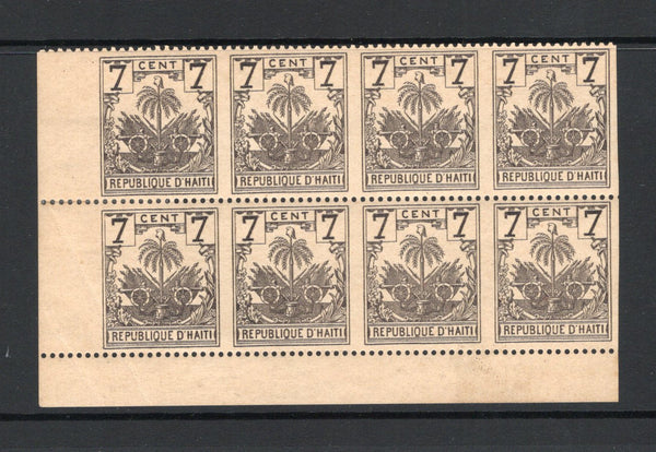 HAITI - 1896 - VARIETY: 7c slate 'Drooping Palms' issue, a fine mint corner marginal block of eight with all stamps IMPERF vertically creating four IMPERF BETWEEN PAIRS. The block has a light corner crease but otherwise a fine & rare exhibition piece. (SG 45b)  (HAI44081)