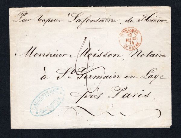 HAITI - 1874 - TRANSATLANTIC MAIL: Cover with manuscript 'Par Vapeur 'Lafontaine' du Havre' at top and oval 'L.AUGUSTE & CIE CAP-HAITIEN' company handstamp in blue below rated '8' decimes In manuscript with OUTRE-MER LE HAVRE cds in red dated 20 MARS 1875. Addressed to FRANCE with transit & arrival cds's on reverse. Couple of small edge tears.  (HAI44263)