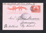 HAITI - 1910 - POSTAL STATIONERY & MARITIME: 2c vermilion on lilac postal stationery card (H&G 14) datelined 'Aux Cayes 5 Mai' with manuscript 'Via New York, Per Prinz Willem IV' ship endorsement at top used with two good strikes of oval 'AMSTERD:-W:INDIE NEDERL: PAKETBOOT' cancel dated 15 MEI 1910 in black. Addressed to GERMANY.  (HAI45584)