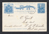 HAITI - 1901 - POSTAL STATIONERY & MARITIME: 1c + 1c blue on grey postal stationery card (H&G 4) datelined 'Port au Prince Jan de 1 1901' used with two strike of PORT-AU-PRINCE cds dated 11 JANV 1901. Addressed to 'Monsieur O Geist, Masch Maat, Consulat Allemande, S. M. S. Vineta, Port-au-Prince' (a crew member on the German Naval Ship 'Vineta' sent care of the German consulate). The card has a short 'Best Wishes' message on reverse.  (HAI45585)