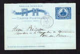 HAITI - 1908 - POSTAL STATIONERY: 1c + 1c blue on light blue postal stationery card (H&G 15, reply half only) used with two strikes of JACMEL cds dated 8 JANV 1908. Addressed internally to PORT-AU-PRINCE with arrival cds on reverse. Card has a light horizontal crease.  (HAI45586)