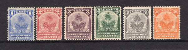 HAITI - 1898 - SMALL PALMS ISSUE: 'Small Palms' complete set of six with the UNISSUED 1c blue, 3c purple, 7c grey and 20c orange and the issued 2c carmine red and 5c green. All fine mint. (SG 49/50 & unlisted)  (HAI/5185)