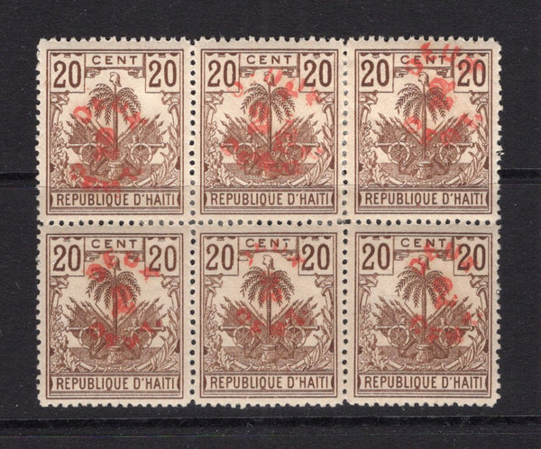 HAITI - 1898 - VARIETY: 2c on 20c brown 'Drooping Palms' issue a fine mint block of six with variety OVERPRINT DOUBLE on top middle stamp. (SG 47 & 47b)  (HAI/5201)