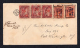 HAITI - 1920 - PROVISIONAL ISSUES & REGISTRATION: Cover franked with pair 1919 5c on 10c orange with boxed 'GL O.Z. 7 FEV 1914' & '5 CTS PIASTRE' provisional overprints and strip of three 1917 2c on 1p claret with boxed 'S D 2' overprint (SG 287 & 236) tied by multiple strikes of PORT-AU-PRINCE cds dated 6 MAY 1920 with small boxed 'R' and manuscript '49' registration markings. Addressed to USA with transit and arrival marks on reverse. A fine & rare franking.  (HAI9578)
