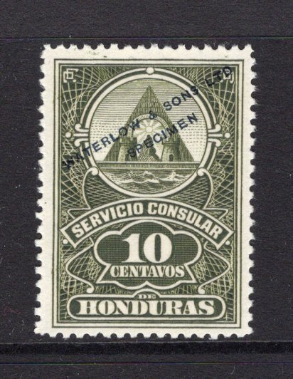 HONDURAS - 1940 - PROOF: Circa 1940. 10c olive 'Servicio Consular' REVENUE issue 'Waterlow' COLOUR TRIAL in unissued colour with 'WATERLOW & SONS LTD SPECIMEN' overprint in black.  (HON/10856)
