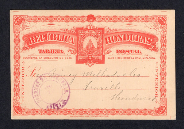 HONDURAS - 1891 - POSTAL STATIONERY & ISLAND MAIL: 2c red on yellow 'Seebeck' postal stationery card (H&G 5) sent from COXENHOLE with manuscript 'Coxenhole May 14/91' on reverse with CORREOS DE HONDURAS ROATAN cds on front. Addressed to TRUXILLO. Scarce origination.  (HON/18819)