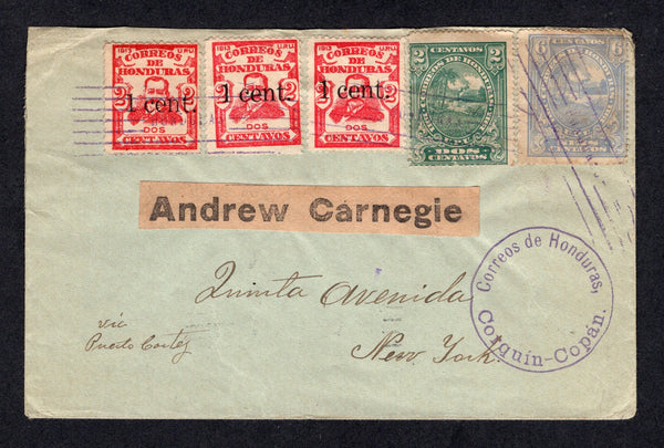 HONDURAS - 1916 - CANCELLATION: Cover franked on front with 1911 2c green and 6c milky blue plus 1913 3 x 1c on 2c carmine plus 1913 2 x 1c chocolate and 2c carmine on reverse (SG 141, 143, 178 & 167/168) tied by 'Lines' cancels with fine strike of undated CORREOS DE HONDURAS CORQUIN COPAN cancel on front. Addressed to USA with transit and arrival marks on reverse. Scarce origination.  (HON/23653)