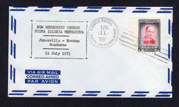 HONDURAS - 1971 - CANCELLATION & ISLAND MAIL: Cover with typed 'New Methodist Church Nueva Iglesia Metodistas Jonesville - Roatan Honduras 11 July 1971' at left franked with 1956 2c crimson & black with 'OFICIAL' overprint (SG O571) tied by 'Lines' cancel with fine AGENCIA POSTAL JONES VILLE ISLAS DE BAHIA cds alongside. Cover has original enclosure with typed message about the rebuilding of the church due to it being destroyed by Hurricane Francelia in 1969.  (HON/26790)